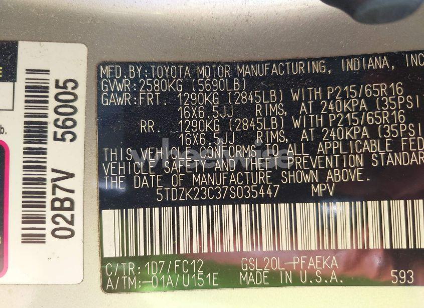 Photo 9 of 2007 Toyota Sienna LE (VIN 5TDZK23C37S035447)