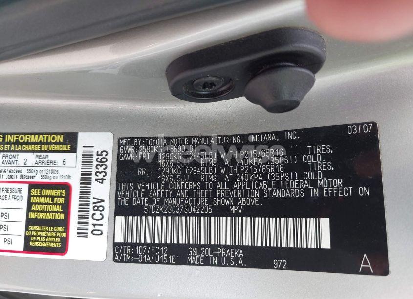 Photo 9 of 2007 Toyota Sienna LE (VIN 5TDZK23C37S042205)