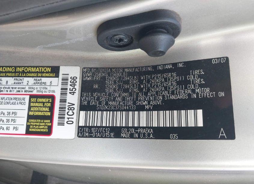 Photo 9 of 2007 Toyota Sienna LE (VIN 5TDZK23C37S044133)