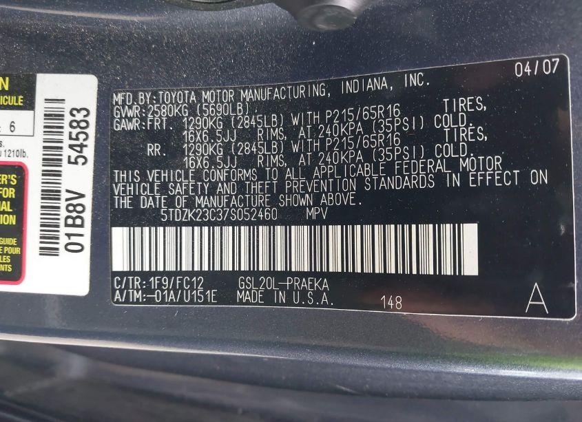 Photo 9 of 2007 Toyota Sienna LE (VIN 5TDZK23C37S052460)