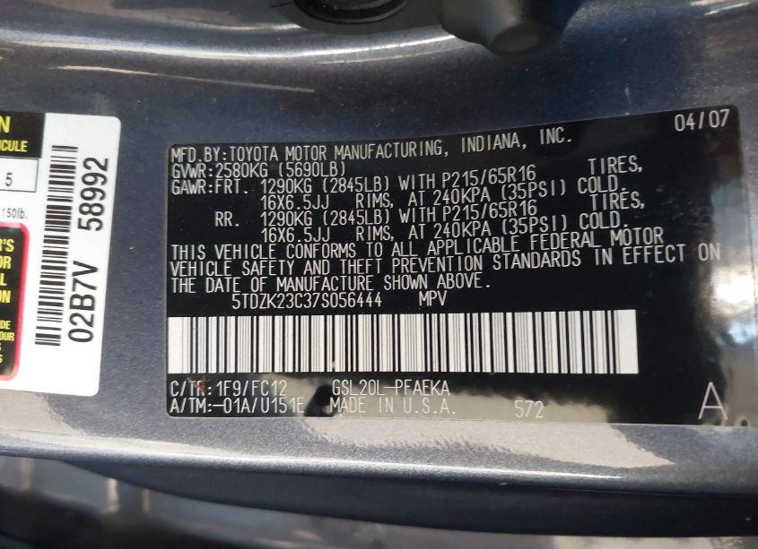 Photo 9 of 2007 Toyota Sienna LE (VIN 5TDZK23C37S056444)