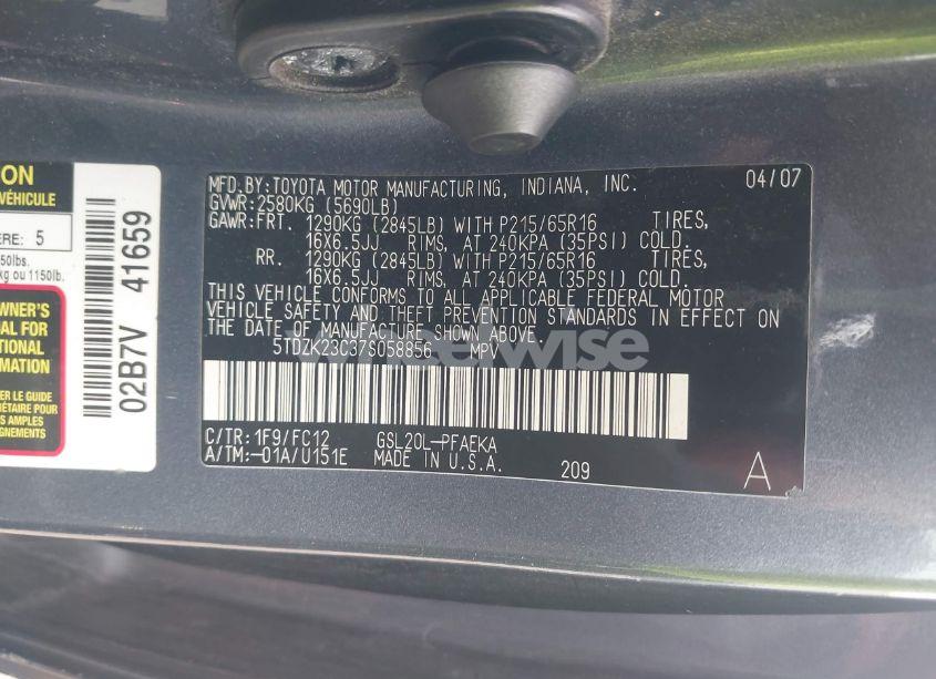 Photo 9 of 2007 Toyota Sienna LE (VIN 5TDZK23C37S058856)