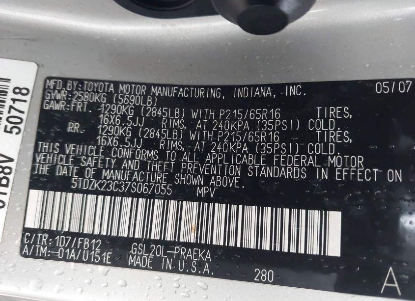 Photo 9 of 2007 Toyota Sienna CE (VIN 5TDZK23C37S067055)