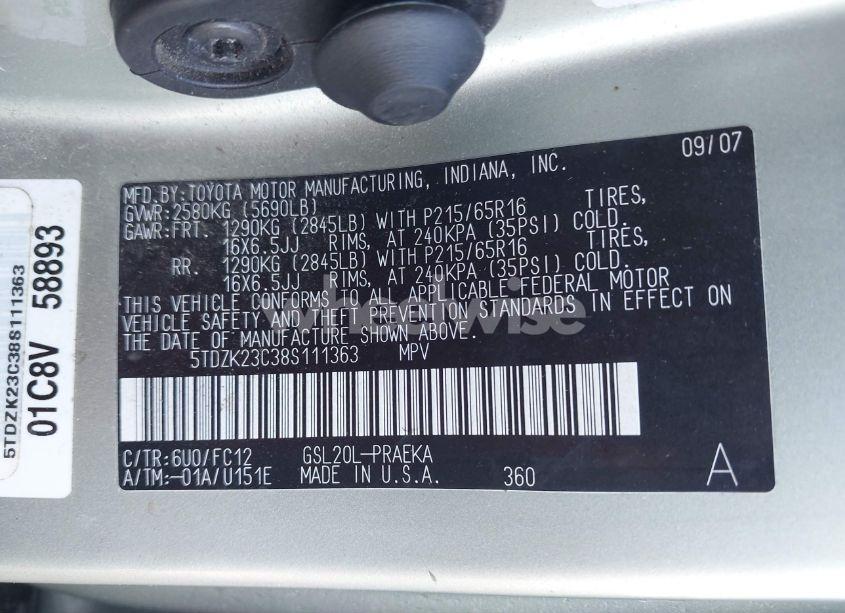 Photo 9 of 2008 Toyota Sienna LE (VIN 5TDZK23C38S111363)