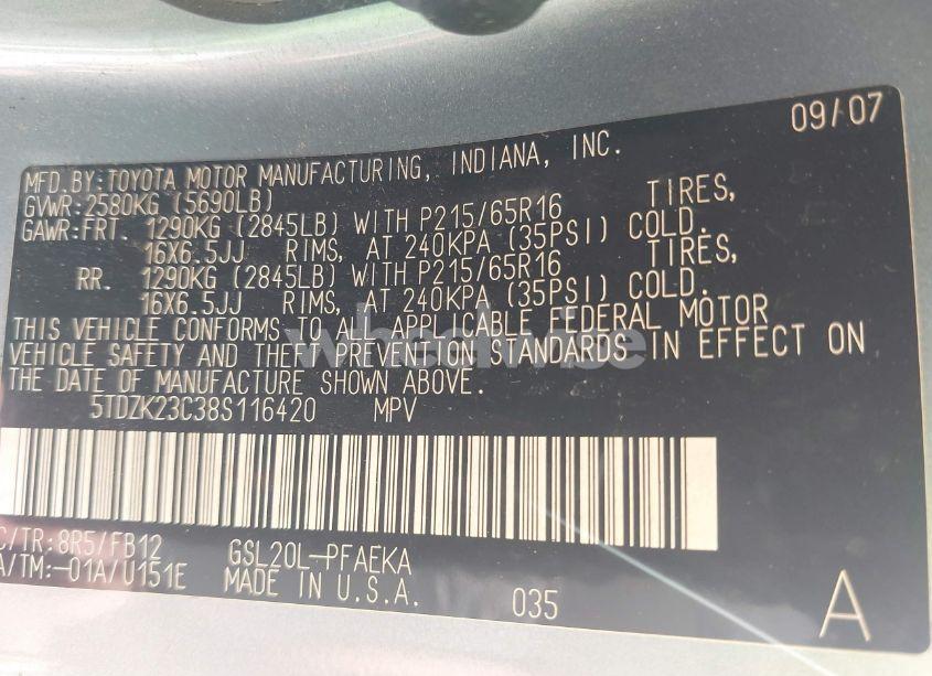 Photo 9 of 2008 Toyota Sienna CE (VIN 5TDZK23C38S116420)