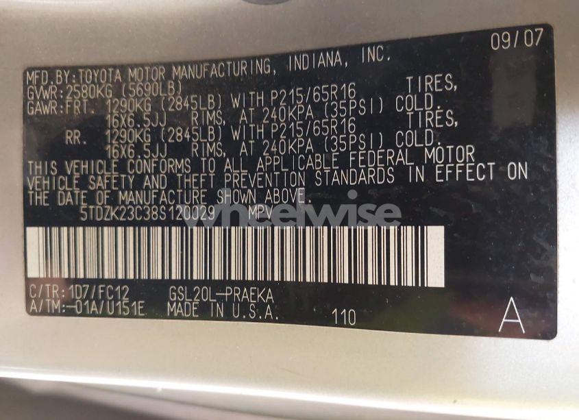 Photo 9 of 2008 Toyota Sienna LE (VIN 5TDZK23C38S120029)