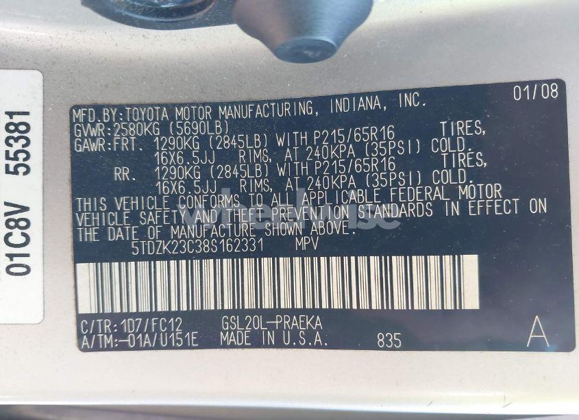 Photo 9 of 2008 Toyota Sienna CE/LE (VIN 5TDZK23C38S162331)