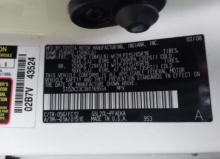 Photo 9 of 2008 Toyota Sienna LE (VIN 5TDZK23C38S169554)