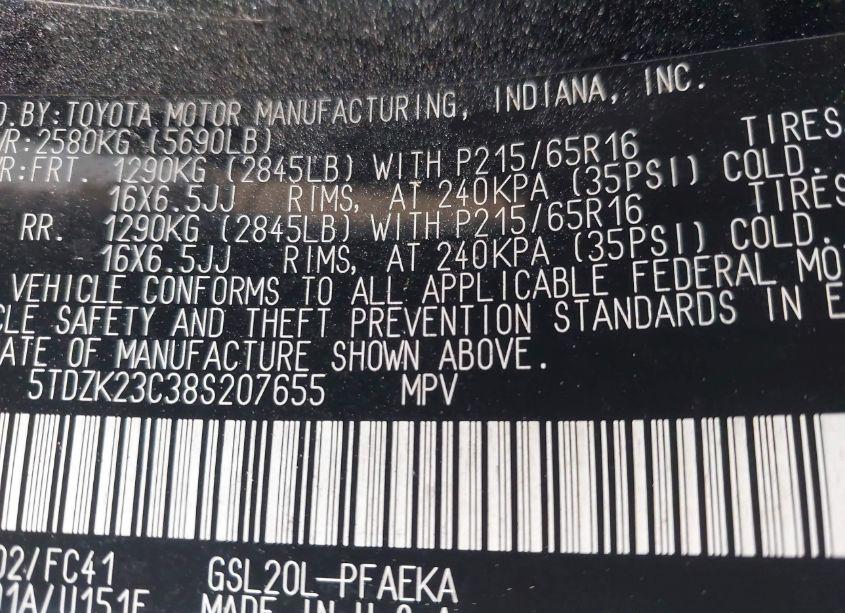 Photo 9 of 2008 Toyota Sienna LE (VIN 5TDZK23C38S207655)