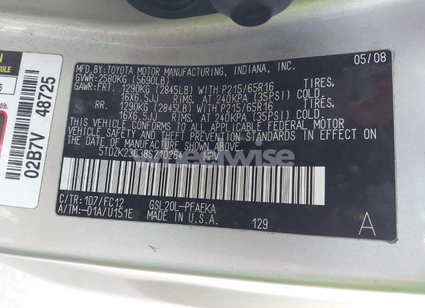 Photo 9 of 2008 Toyota Sienna LE (VIN 5TDZK23C38S210264)