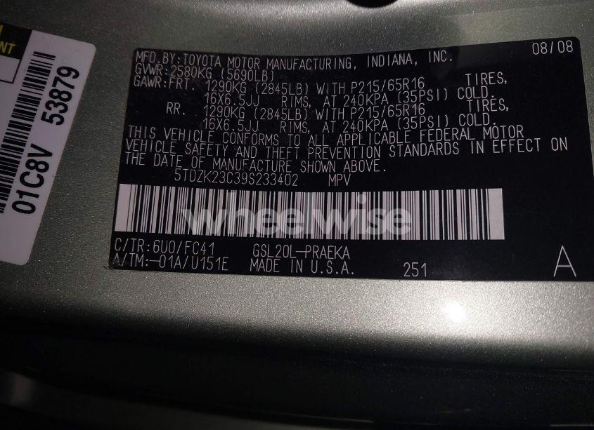 Photo 9 of 2009 Toyota Sienna LE (VIN 5TDZK23C39S233402)