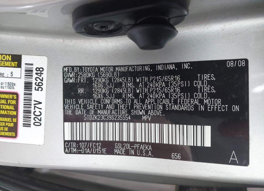 Photo 9 of 2009 Toyota Sienna LE (VIN 5TDZK23C39S235554)