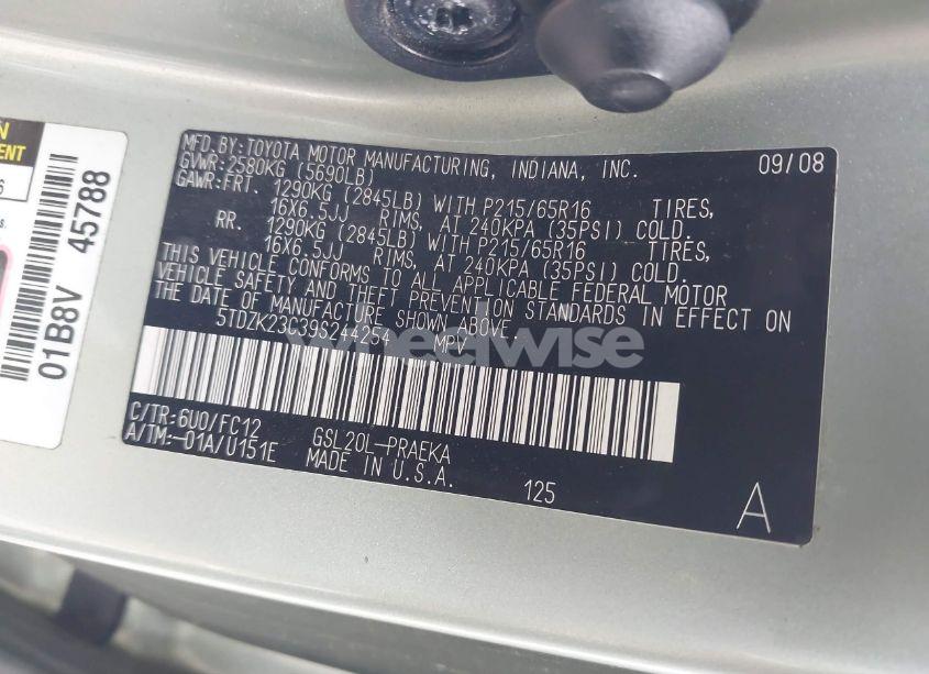 Photo 9 of 2009 Toyota Sienna LE (VIN 5TDZK23C39S244254)