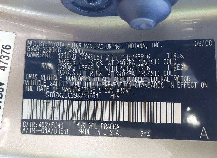 Photo 9 of 2009 Toyota Sienna LE (VIN 5TDZK23C39S245761)