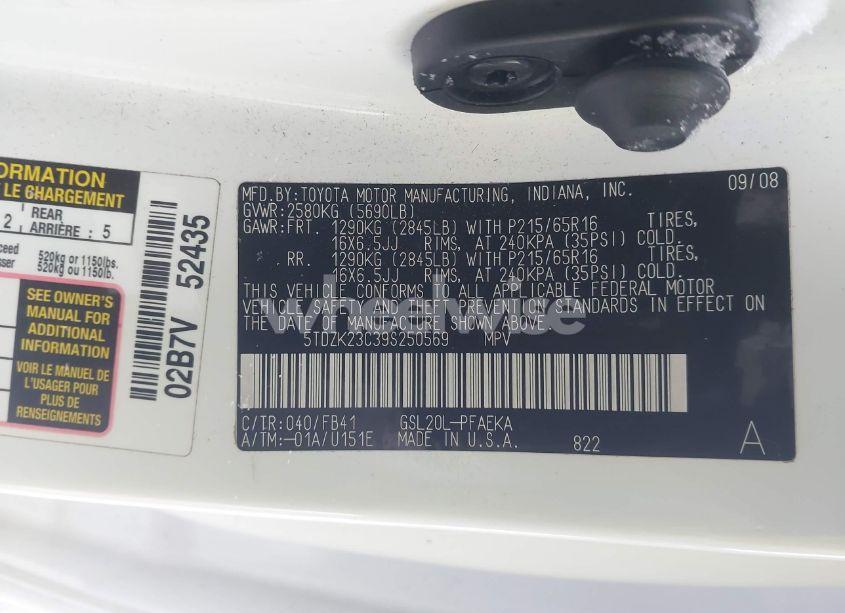 Photo 9 of 2009 Toyota Sienna CE (VIN 5TDZK23C39S250569)