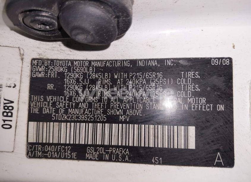 Photo 9 of 2009 Toyota Sienna LE (VIN 5TDZK23C39S251205)