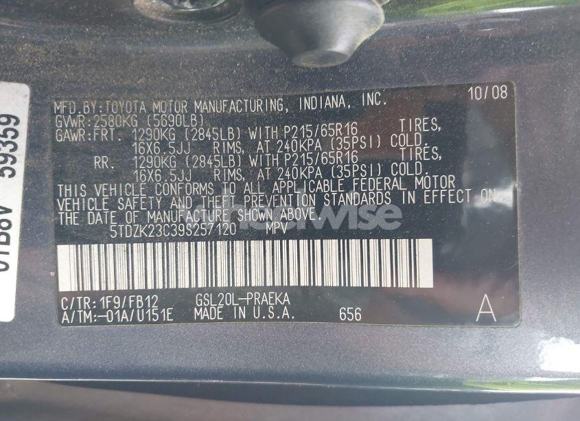 Photo 9 of 2009 Toyota Sienna CE (VIN 5TDZK23C39S257120)