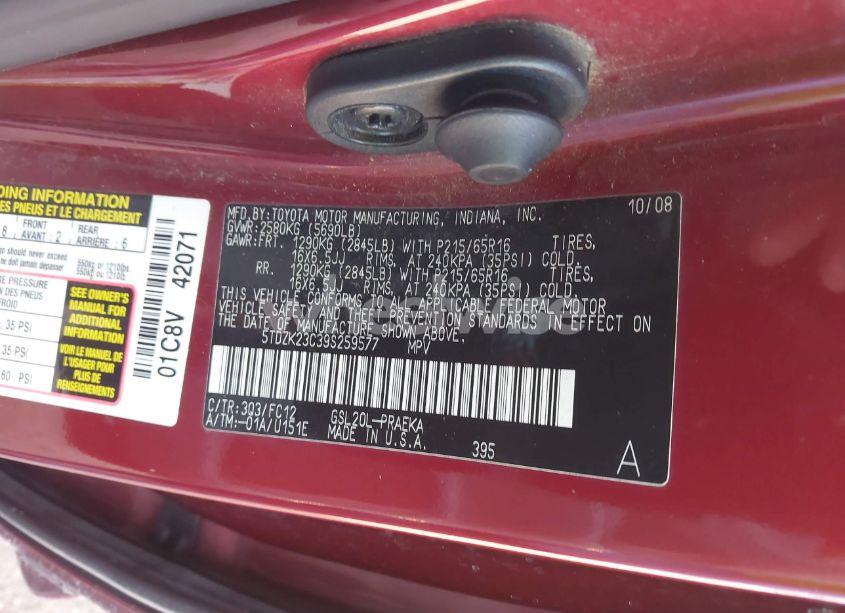 Photo 9 of 2009 Toyota Sienna LE (VIN 5TDZK23C39S259577)