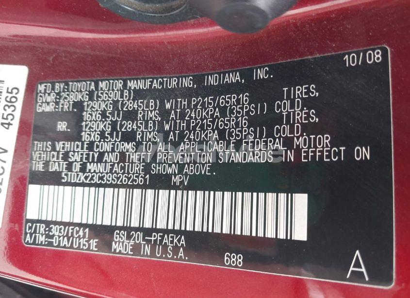 Photo 9 of 2009 Toyota Sienna LE (VIN 5TDZK23C39S262561)