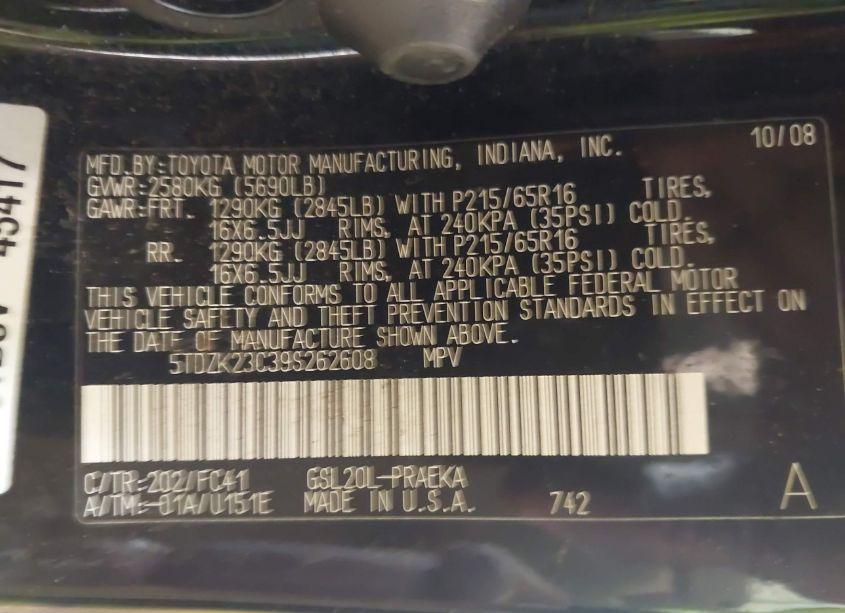 Photo 9 of 2009 Toyota Sienna LE (VIN 5TDZK23C39S262608)
