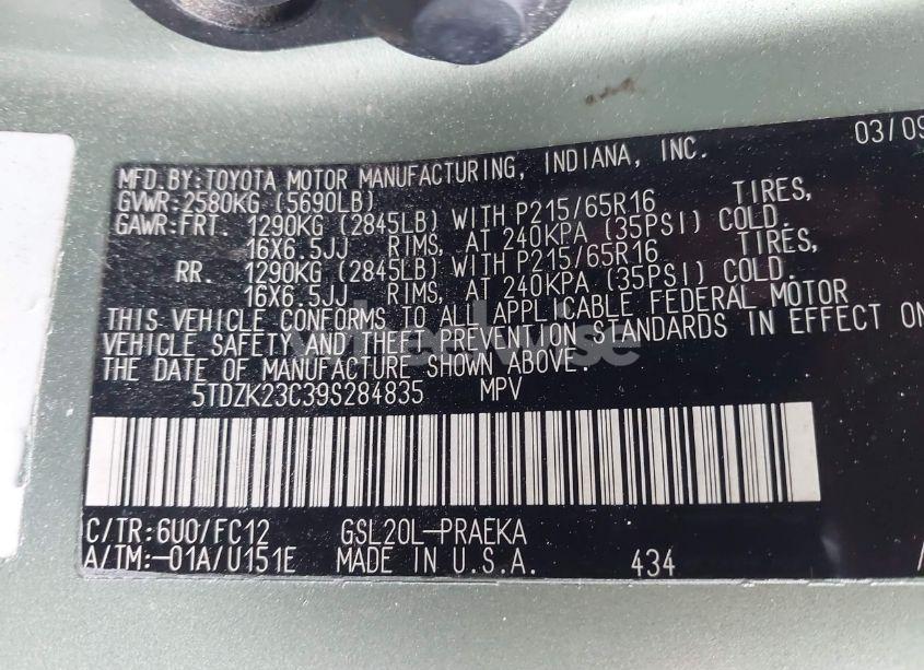 Photo 9 of 2009 Toyota Sienna CE/LE (VIN 5TDZK23C39S284835)