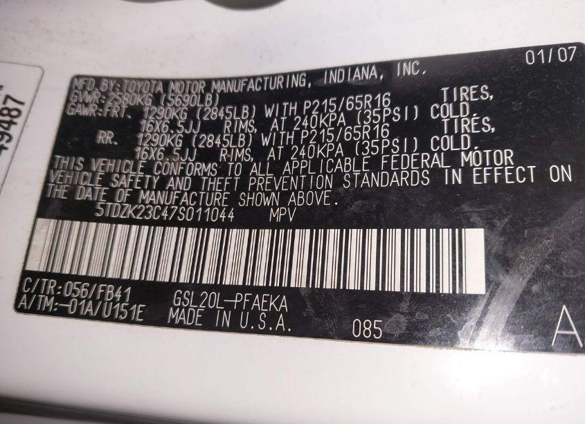 Photo 9 of 2007 Toyota Sienna CE (VIN 5TDZK23C47S011044)