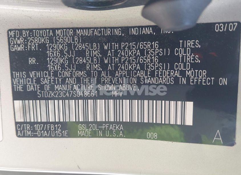 Photo 9 of 2007 Toyota Sienna CE (VIN 5TDZK23C47S048661)