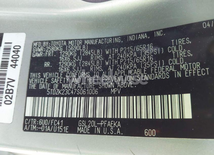Photo 9 of 2007 Toyota Sienna LE (VIN 5TDZK23C47S061006)