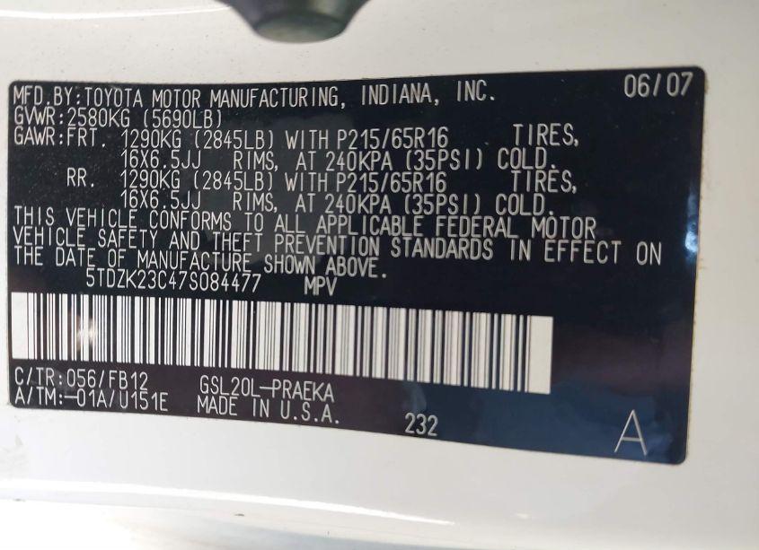 Photo 9 of 2007 Toyota Sienna CE (VIN 5TDZK23C47S084477)