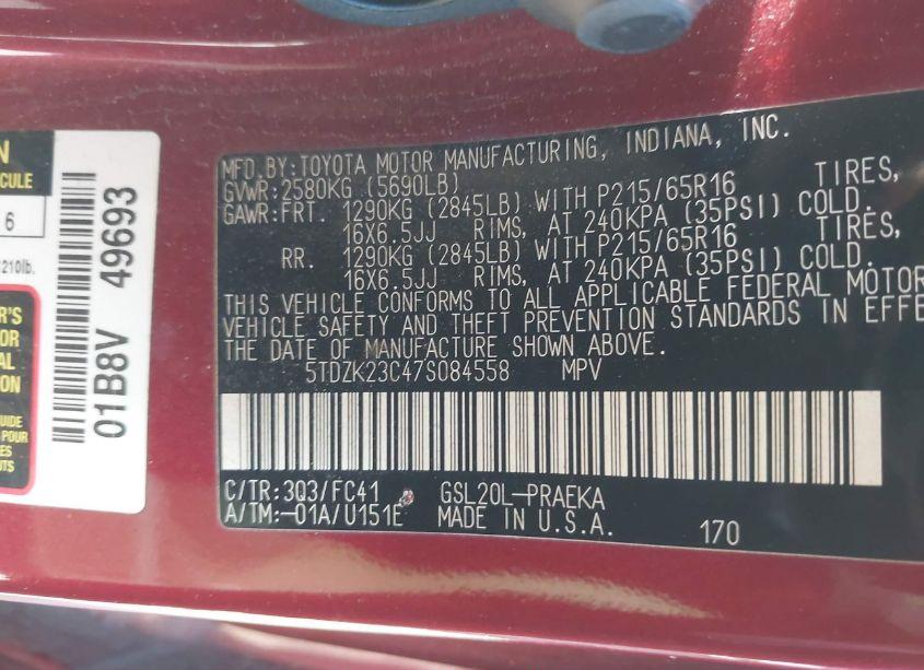 Photo 9 of 2007 Toyota Sienna LE (VIN 5TDZK23C47S084558)