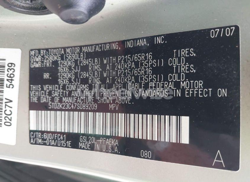 Photo 9 of 2007 Toyota Sienna LE (VIN 5TDZK23C47S089209)