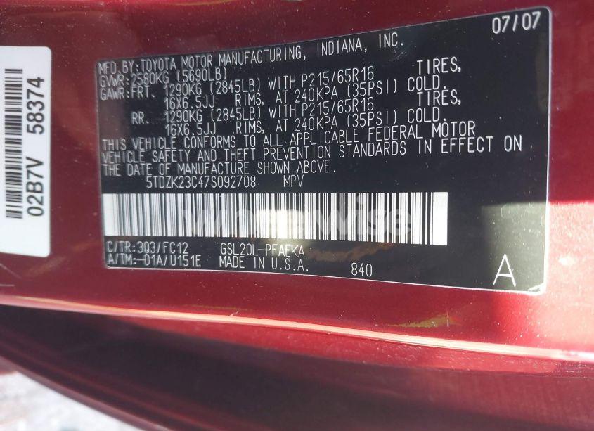 Photo 9 of 2007 Toyota Sienna LE (VIN 5TDZK23C47S092708)