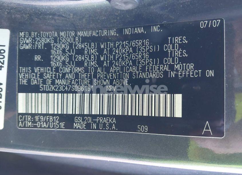 Photo 9 of 2007 Toyota Sienna CE (VIN 5TDZK23C47S096161)