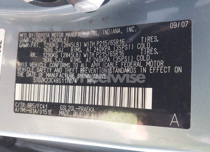 Photo 9 of 2008 Toyota Sienna LE (VIN 5TDZK23C48S117074)