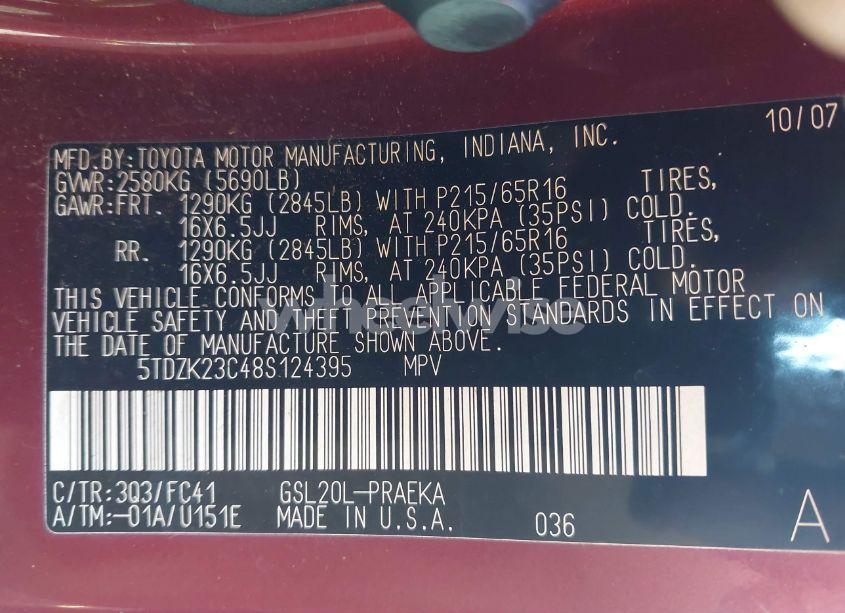 Photo 9 of 2008 Toyota Sienna LE (VIN 5TDZK23C48S124395)