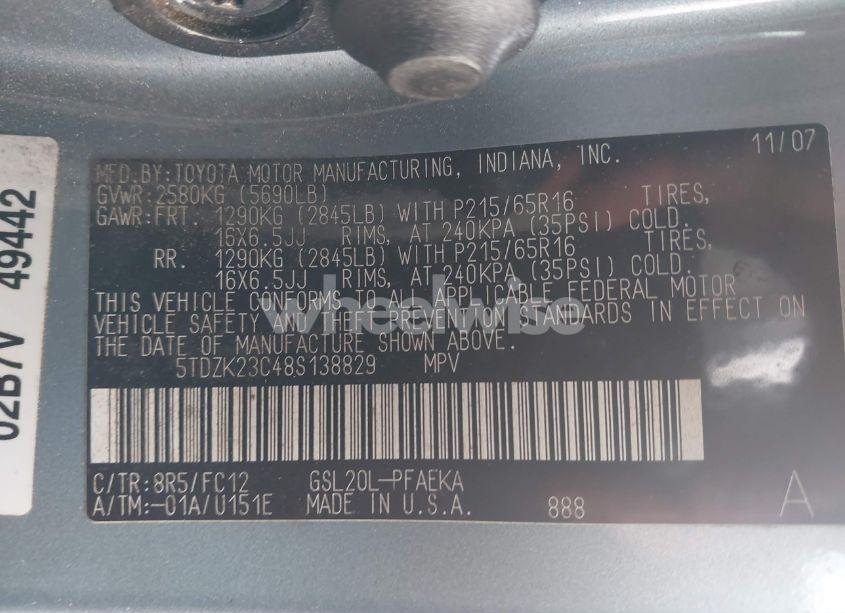 Photo 8 of 2008 Toyota Sienna LE (VIN 5TDZK23C48S138829)