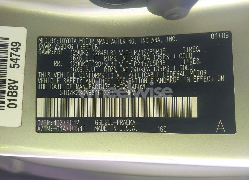 Photo 9 of 2008 Toyota Sienna LE (VIN 5TDZK23C48S161771)
