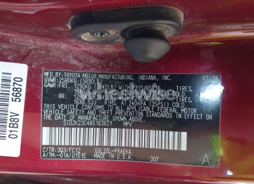 Photo 9 of 2008 Toyota Sienna LE (VIN 5TDZK23C48S163651)