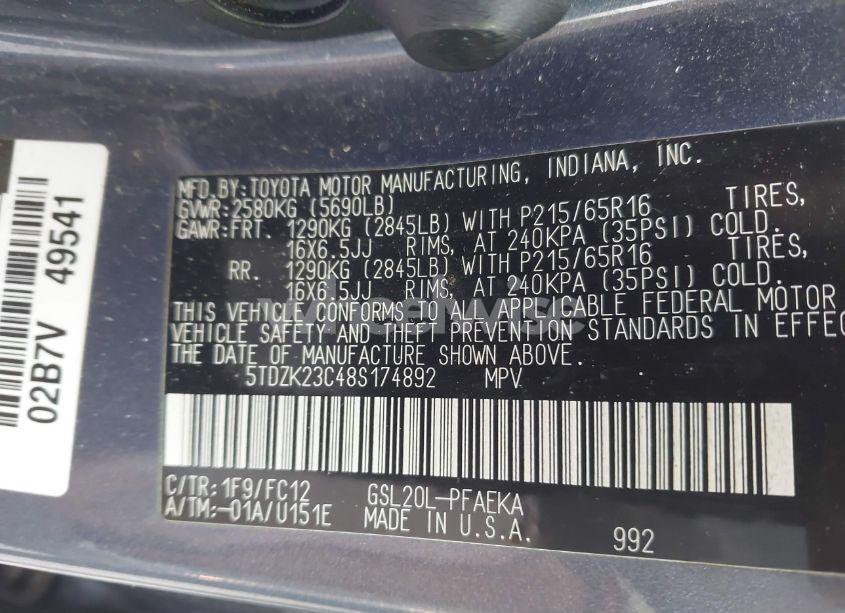 Photo 9 of 2008 Toyota Sienna LE (VIN 5TDZK23C48S174892)