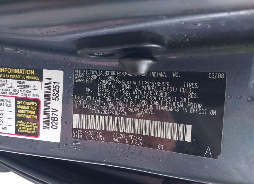 Photo 9 of 2008 Toyota Sienna LE (VIN 5TDZK23C48S182670)