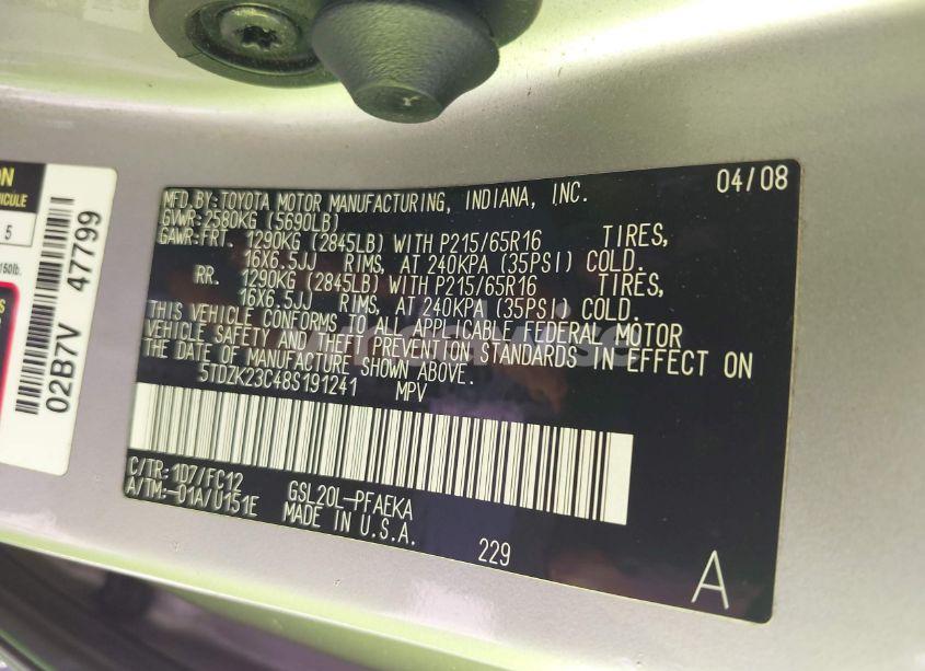 Photo 9 of 2008 Toyota Sienna LE (VIN 5TDZK23C48S191241)