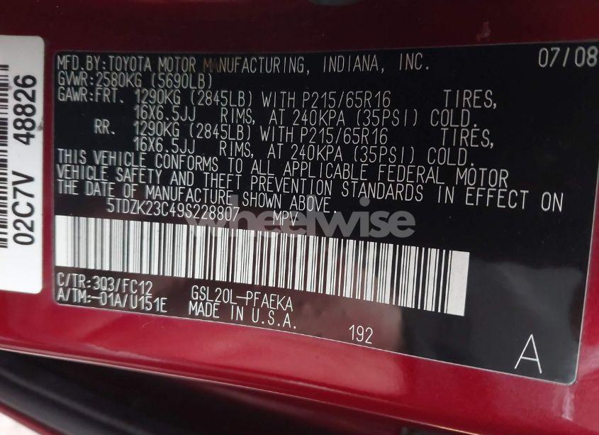 Photo 9 of 2009 Toyota Sienna LE (VIN 5TDZK23C49S228807)