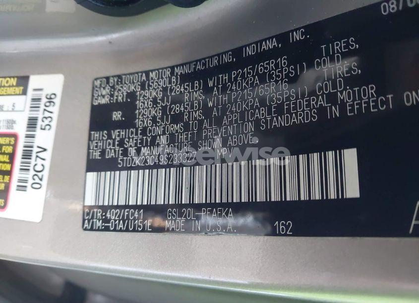 Photo 9 of 2009 Toyota Sienna LE (VIN 5TDZK23C49S233327)