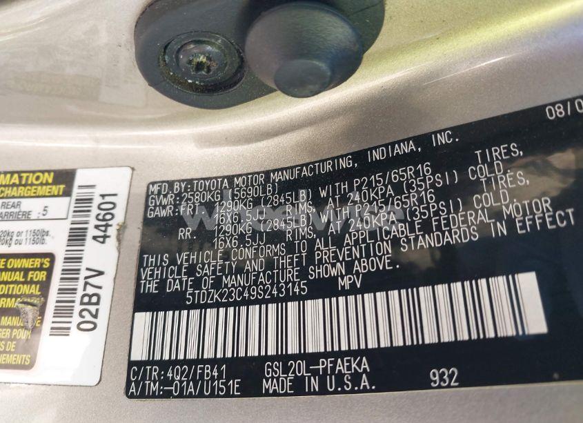 Photo 9 of 2009 Toyota Sienna CE (VIN 5TDZK23C49S243145)