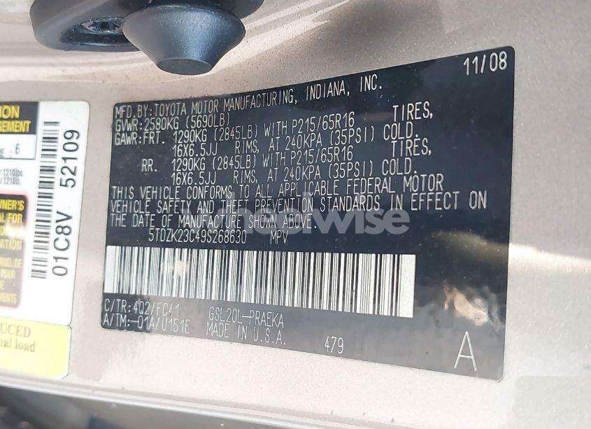 Photo 9 of 2009 Toyota Sienna LE (VIN 5TDZK23C49S268630)