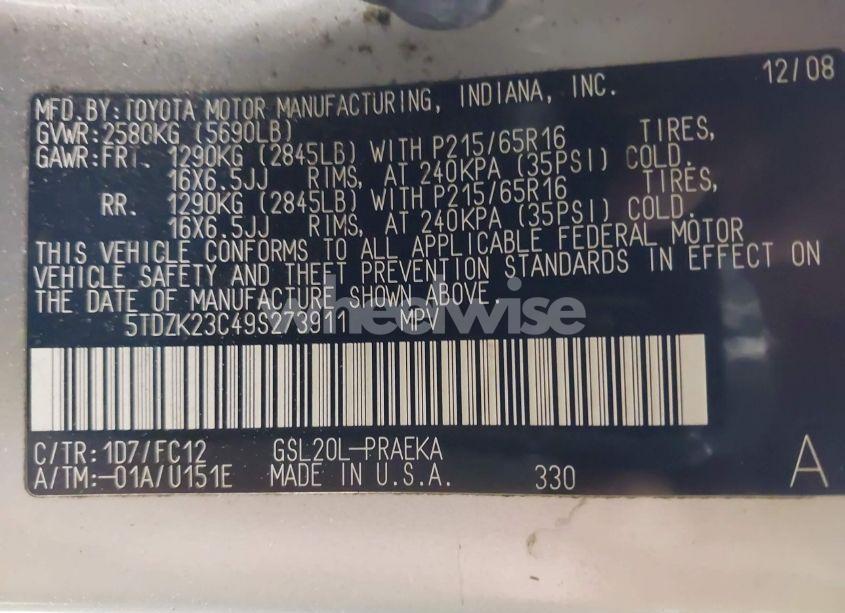 Photo 9 of 2009 Toyota Sienna LE (VIN 5TDZK23C49S273911)