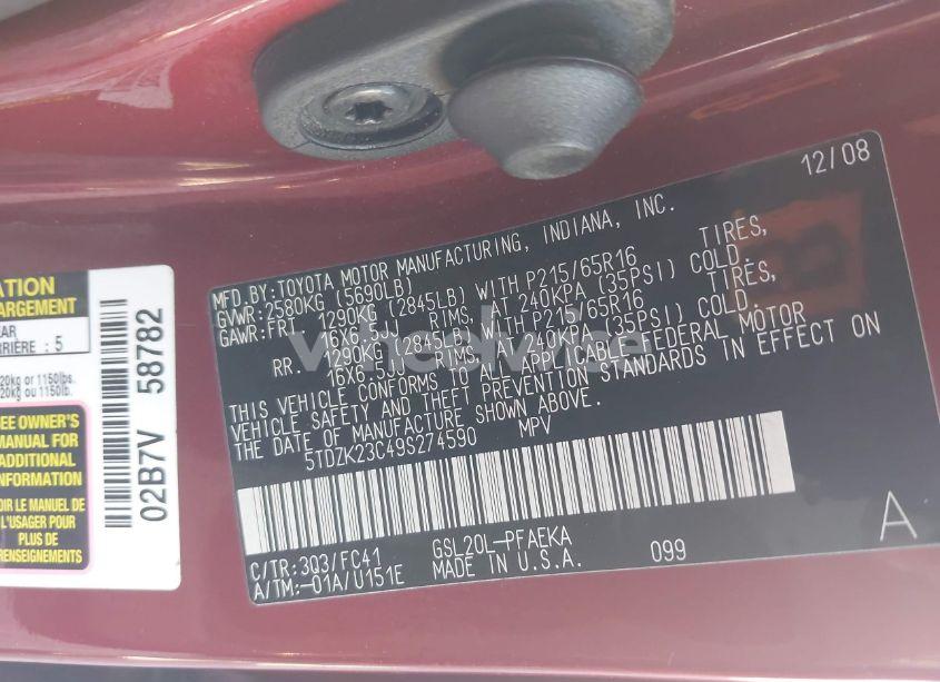 Photo 9 of 2009 Toyota Sienna LE (VIN 5TDZK23C49S274590)