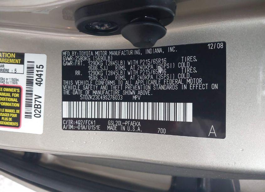Photo 9 of 2009 Toyota Sienna LE (VIN 5TDZK23C49S276033)