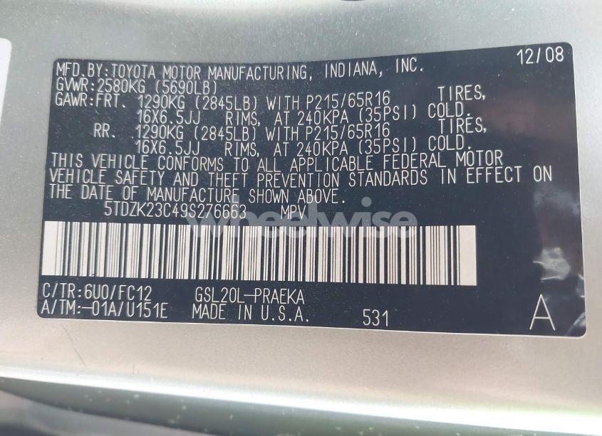 Photo 9 of 2009 Toyota Sienna LE (VIN 5TDZK23C49S276663)