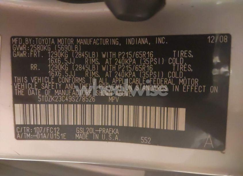 Photo 9 of 2009 Toyota Sienna LE (VIN 5TDZK23C49S278526)